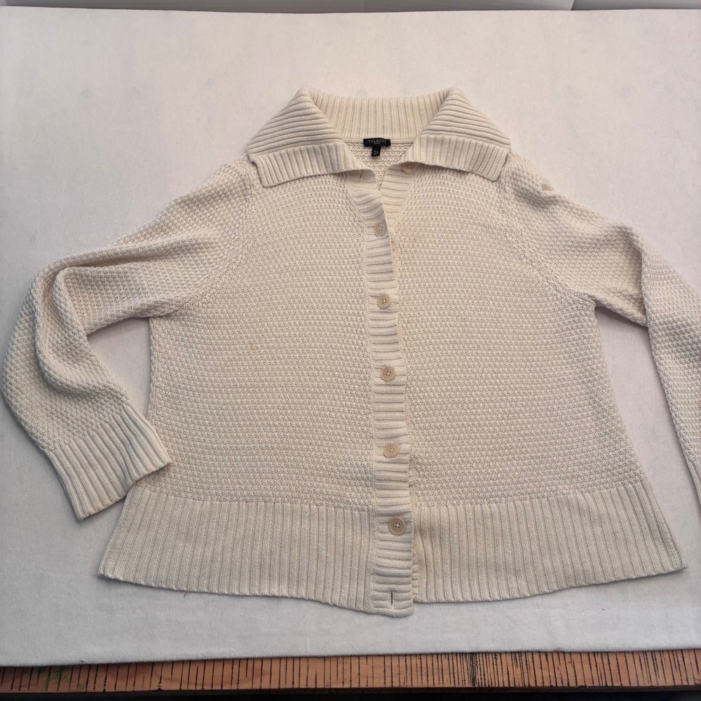 Talbots Petites Cream Textured Knit Cardigan Sweater XLp Button Front Collar